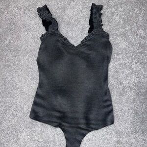 Pink Lily Gray Ribbed Ruffle Bodysuit